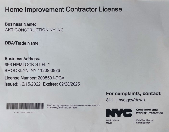 License Of Home Renovation Company In Brooklyn